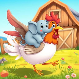 A whimsical and imaginative scene featuring a cartoon-style hen with cartoonish features and bright colors, happily carrying a small elephant on its back