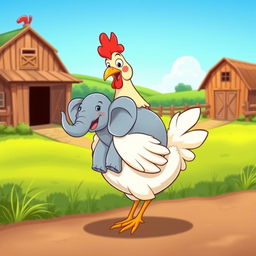 A whimsical and imaginative scene featuring a cartoon-style hen with cartoonish features and bright colors, happily carrying a small elephant on its back