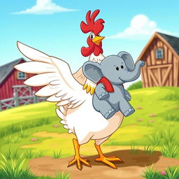 A whimsical and imaginative scene featuring a cartoon-style hen with cartoonish features and bright colors, happily carrying a small elephant on its back