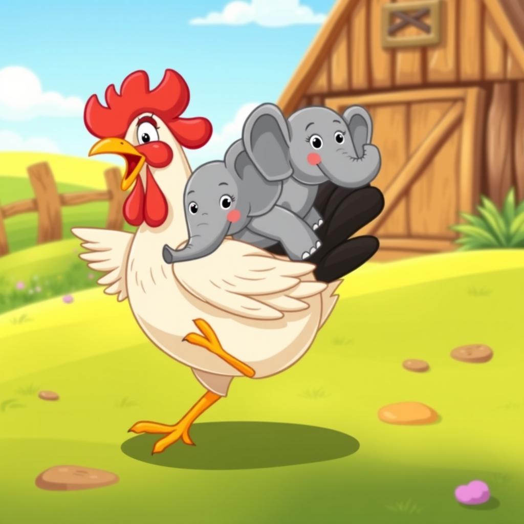 A whimsical and imaginative scene featuring a cartoon-style hen with cartoonish features and bright colors, happily carrying a small elephant on its back