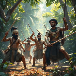 An intense scene depicting ancient Indian farmers and soldiers passionately training together in a dense jungle