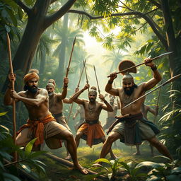 An intense scene depicting ancient Indian farmers and soldiers passionately training together in a dense jungle