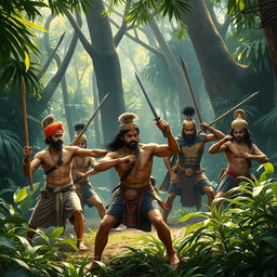 An intense scene depicting ancient Indian farmers and soldiers passionately training together in a dense jungle