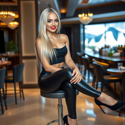 A beautiful smiling young woman with sleek long platinum blonde hair and blue eyes, sitting on a stool in a luxury hotel bar