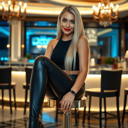 A beautiful smiling young woman with sleek long platinum blonde hair and blue eyes, sitting on a stool in a luxury hotel bar