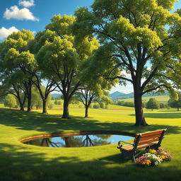 A vivid and detailed depiction of a serene physical environment featuring a lush green park