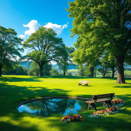 A vivid and detailed depiction of a serene physical environment featuring a lush green park