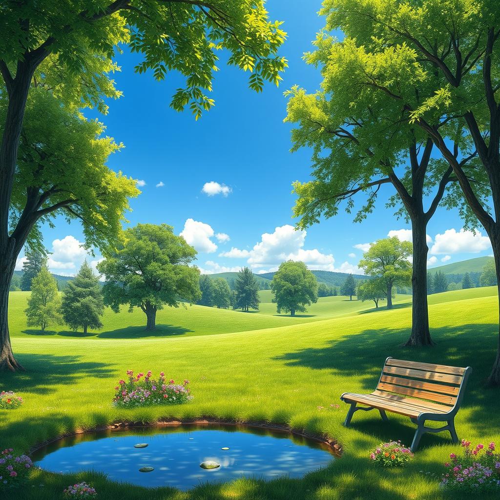 A vivid and detailed depiction of a serene physical environment featuring a lush green park