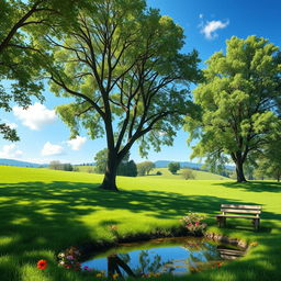 A vivid and detailed depiction of a serene physical environment featuring a lush green park