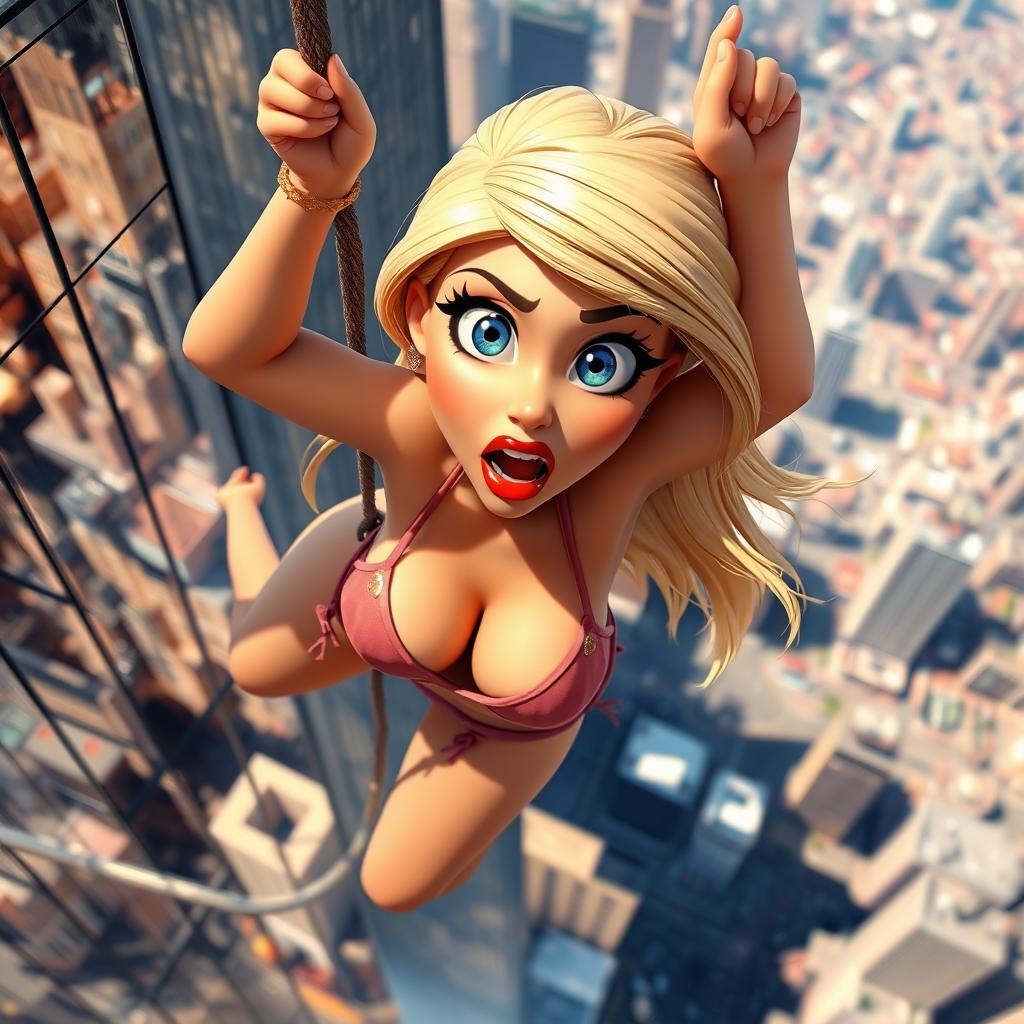 A sexy blonde 3D toon woman, featuring striking blue eyes and luscious red lips, is depicted in a tiny bikini, falling off a tall skyscraper