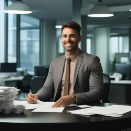 The same professional, friendly mortgage broker from the previous request, but with Caucasian ethnicity, shuffling through paperwork in his modern office.