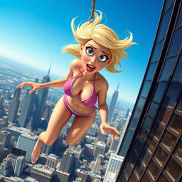 A sexy blonde 3D toon woman with striking blue eyes and vibrant red lips, wearing a tiny bikini, is depicted mid-fall from a skyscraper, showcasing a terrified expression on her face