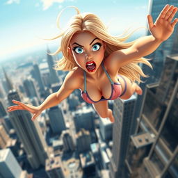 A sexy blonde 3D toon woman with striking blue eyes and vibrant red lips, wearing a tiny bikini, is depicted mid-fall from a skyscraper, showcasing a terrified expression on her face