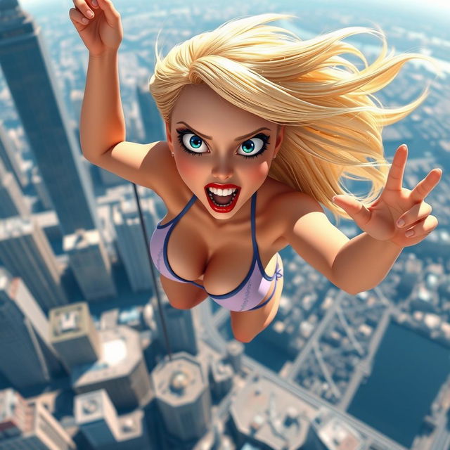 A sexy blonde 3D toon woman with striking blue eyes and vibrant red lips, wearing a tiny bikini, is depicted mid-fall from a skyscraper, showcasing a terrified expression on her face