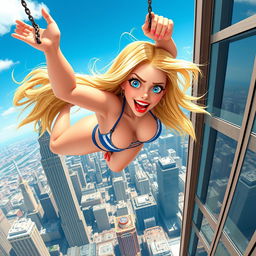 A sexy blonde 3D toon woman with striking blue eyes and vibrant red lips, wearing a tiny bikini, is depicted mid-fall from a skyscraper, showcasing a terrified expression on her face