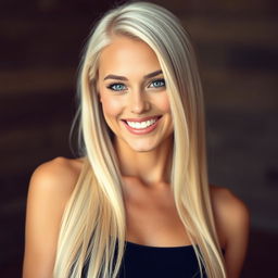 A realistic image of a beautiful smiling young woman with sleek long platinum blonde hair