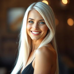 A realistic image of a beautiful smiling young woman with sleek long platinum blonde hair