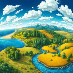 An expansive panoramic illustration showcasing various features of the physical environment across a single landscape
