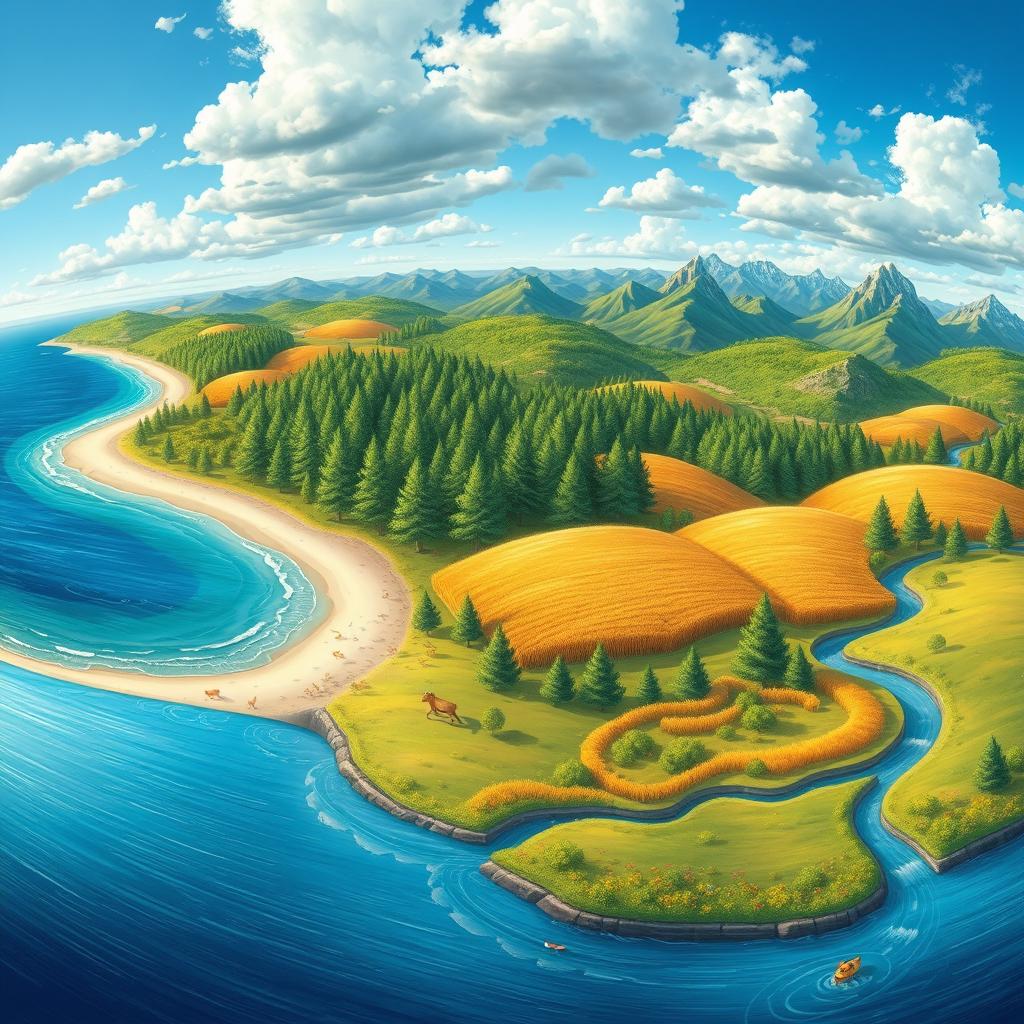 An expansive panoramic illustration showcasing various features of the physical environment across a single landscape