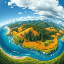 An expansive panoramic illustration showcasing various features of the physical environment across a single landscape