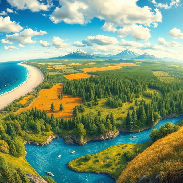 An expansive panoramic illustration showcasing various features of the physical environment across a single landscape