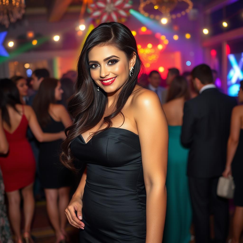 A busty brunette woman in a stylish, form-fitting evening dress, exuding confidence and charm at a lively party