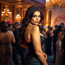 A stunning and voluptuous brunette woman dressed in an elegant evening gown, attending a glamorous party