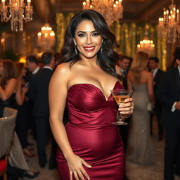 A busty and curvy brunette MILF wearing an elegant evening dress at a glamorous party