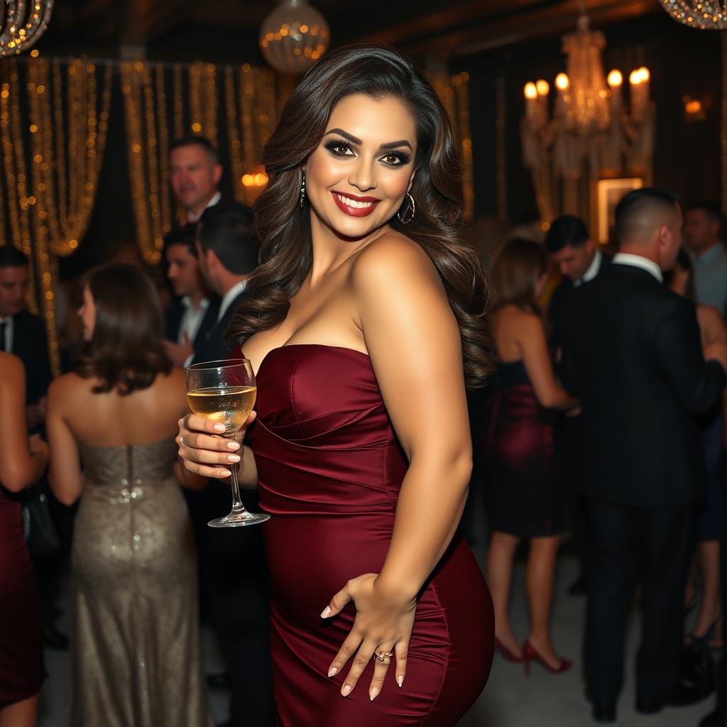 A busty and curvy brunette MILF wearing an elegant evening dress at a glamorous party