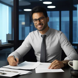 The same professional, friendly mortgage broker from the previous request, but with Caucasian ethnicity, shuffling through paperwork in his modern office.