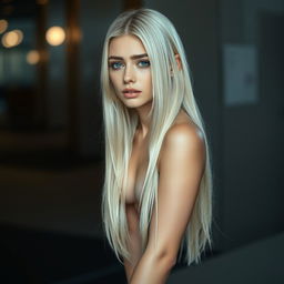 A realistic head-to-toe image of a beautiful young woman with sleek long platinum blonde hair, who is crying