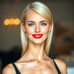 A realistic head-to-toe image of a beautiful smiling young woman with sleek long platinum blonde hair, glossy red lipstick, and striking blue eyes