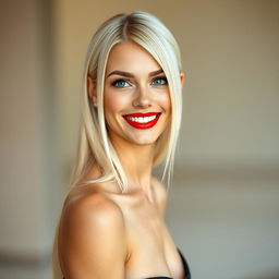 A realistic head-to-toe image of a beautiful smiling young woman with sleek long platinum blonde hair, glossy red lipstick, and striking blue eyes