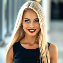 A realistic head-to-toe image of a beautiful smiling young woman with sleek long platinum blonde hair, glossy red lipstick, and striking blue eyes