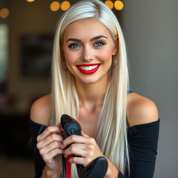 A head-to-toe image of a beautiful smiling young woman with sleek long platinum blonde hair, glossy red lipstick, and striking blue eyes