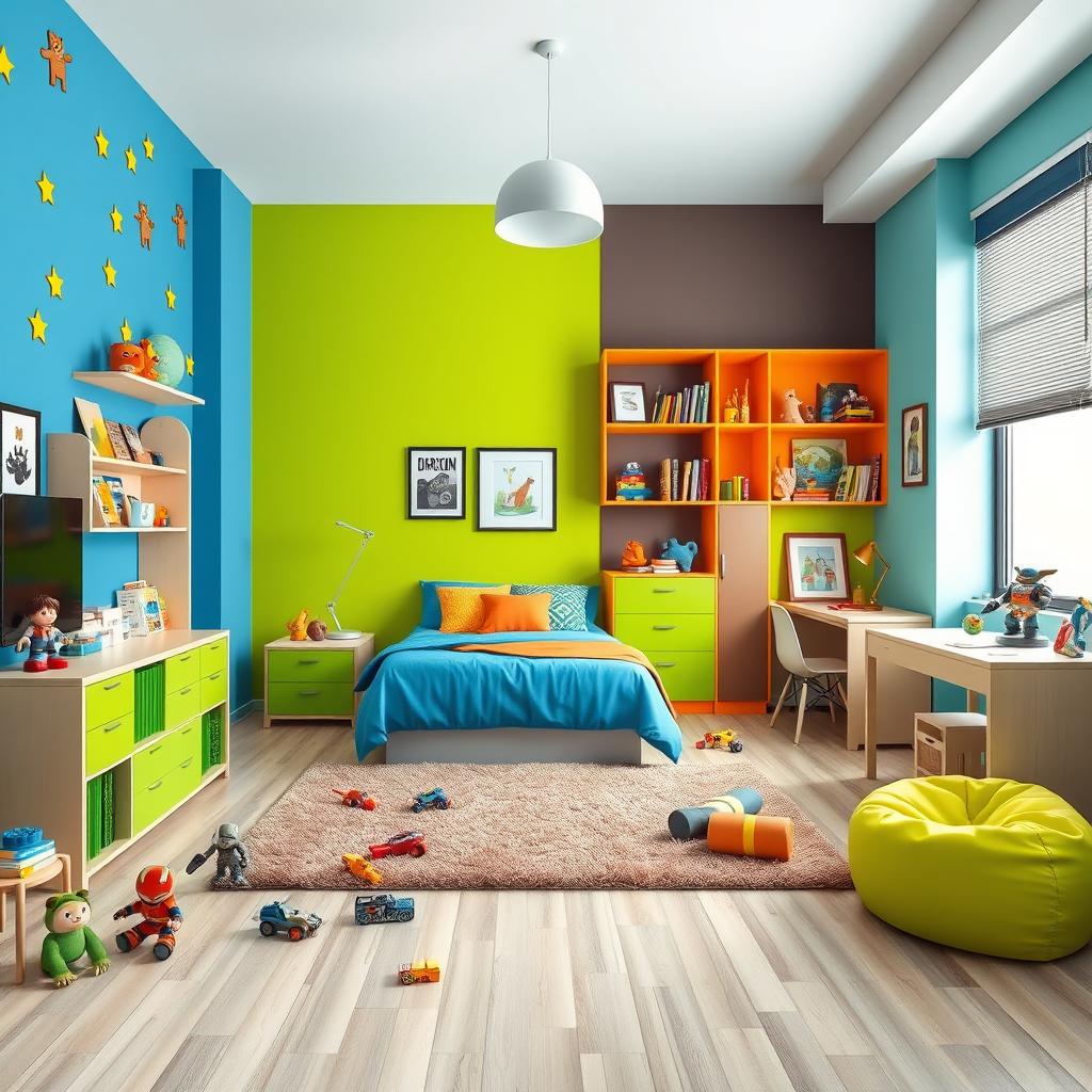 A modern boy's room design measuring 300cm x 300cm, featuring stylish and playful elements