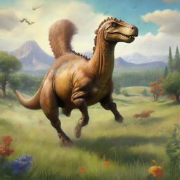 A whimsical scene of a dinosaur, mounted comfortably on the back of a galloping horse, trotting through a wide, sprawling meadow.