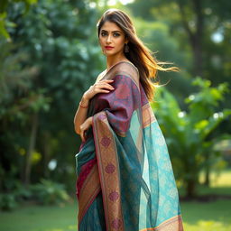 A beautiful woman elegantly draped in a luxurious sari, showcasing intricate patterns and vibrant colors, with a graceful pose