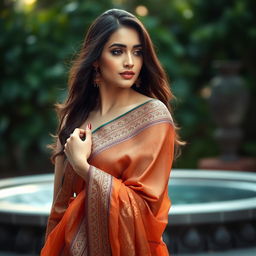 A beautiful woman elegantly draped in a luxurious sari, showcasing intricate patterns and vibrant colors, with a graceful pose