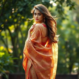 A beautiful woman elegantly draped in a luxurious sari, showcasing intricate patterns and vibrant colors, with a graceful pose