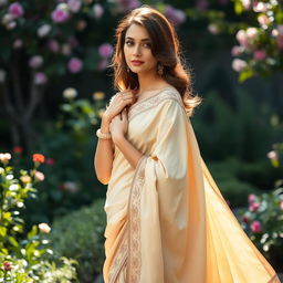 A beautiful woman draped in a flowing nude saree, elegantly styled with intricate designs and delicate embroidery, her hair styled in soft waves falling over her shoulder