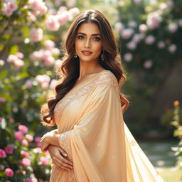 A beautiful woman draped in a flowing nude saree, elegantly styled with intricate designs and delicate embroidery, her hair styled in soft waves falling over her shoulder