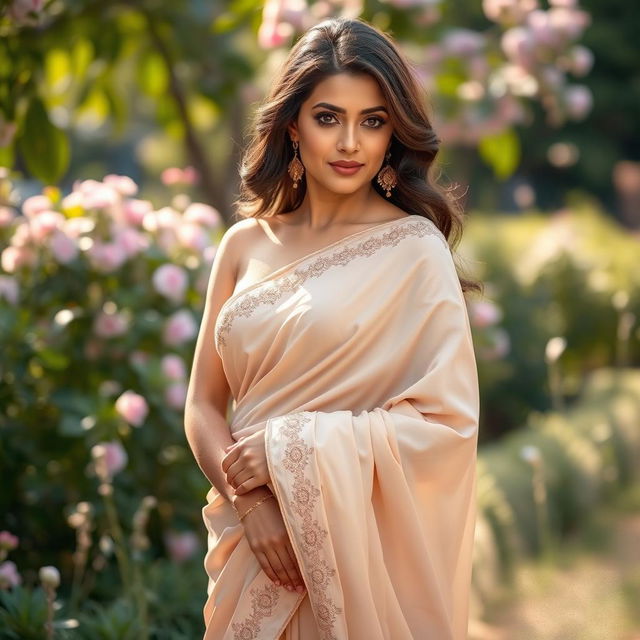 A beautiful woman draped in a flowing nude saree, elegantly styled with intricate designs and delicate embroidery, her hair styled in soft waves falling over her shoulder