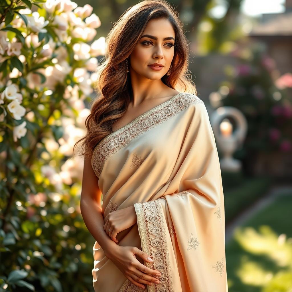 A beautiful woman draped in a flowing nude saree, elegantly styled with intricate designs and delicate embroidery, her hair styled in soft waves falling over her shoulder