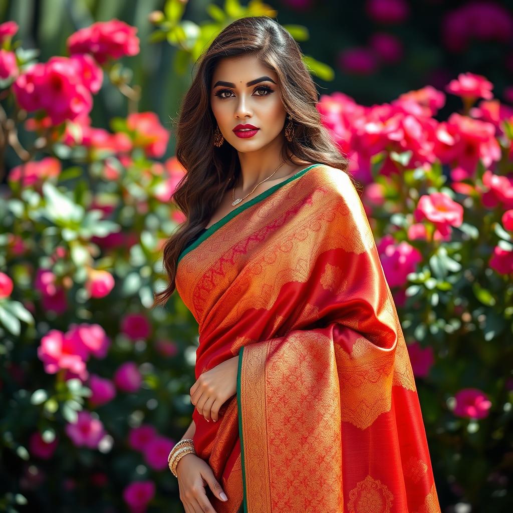 A beautiful woman wearing a vibrant, intricately designed saree that hugs her curves elegantly