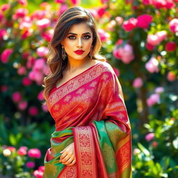 A beautiful woman wearing a vibrant, intricately designed saree that hugs her curves elegantly