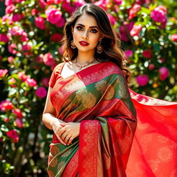 A beautiful woman wearing a vibrant, intricately designed saree that hugs her curves elegantly