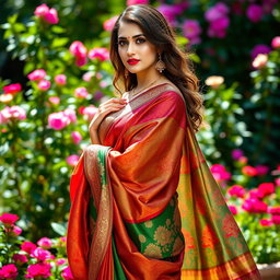 A beautiful woman wearing a vibrant, intricately designed saree that hugs her curves elegantly