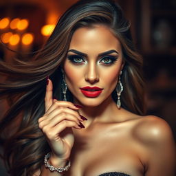 A close-up portrait of a stylish woman with flowing long hair, wearing an elegant evening gown