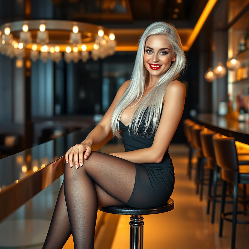 A realistic image of a beautiful smiling young woman with sleek long platinum blonde hair styled elegantly